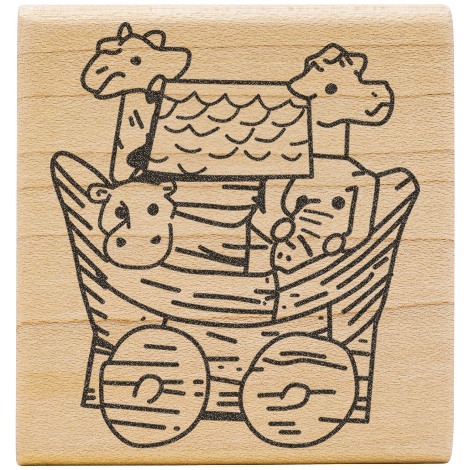 Wooden animal train stamp with cartoon giraffe, bear, elephant, and hippo design