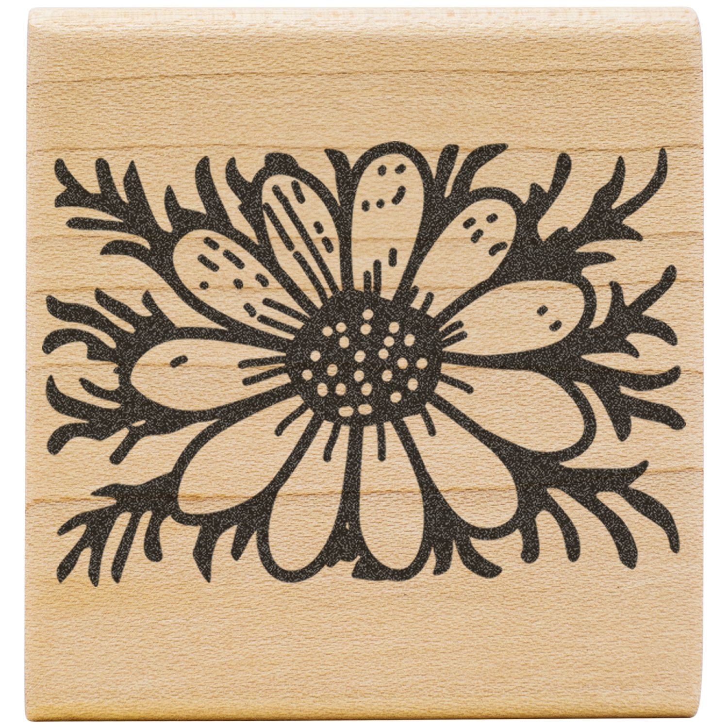 Wooden rubber stamp with black floral flower design on natural wood block.