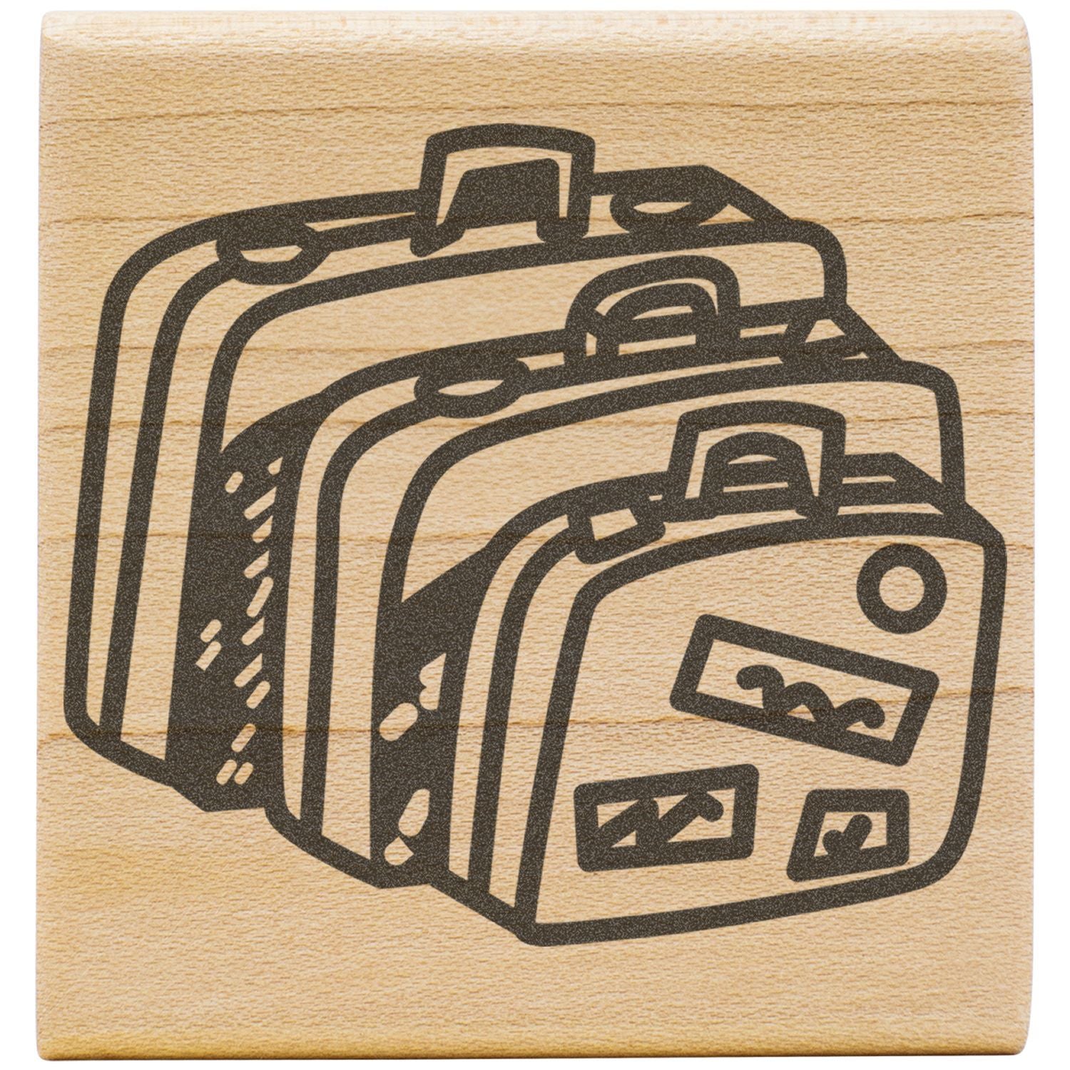 Engraved wooden icon of three travel suitcases or bags stacked together.
