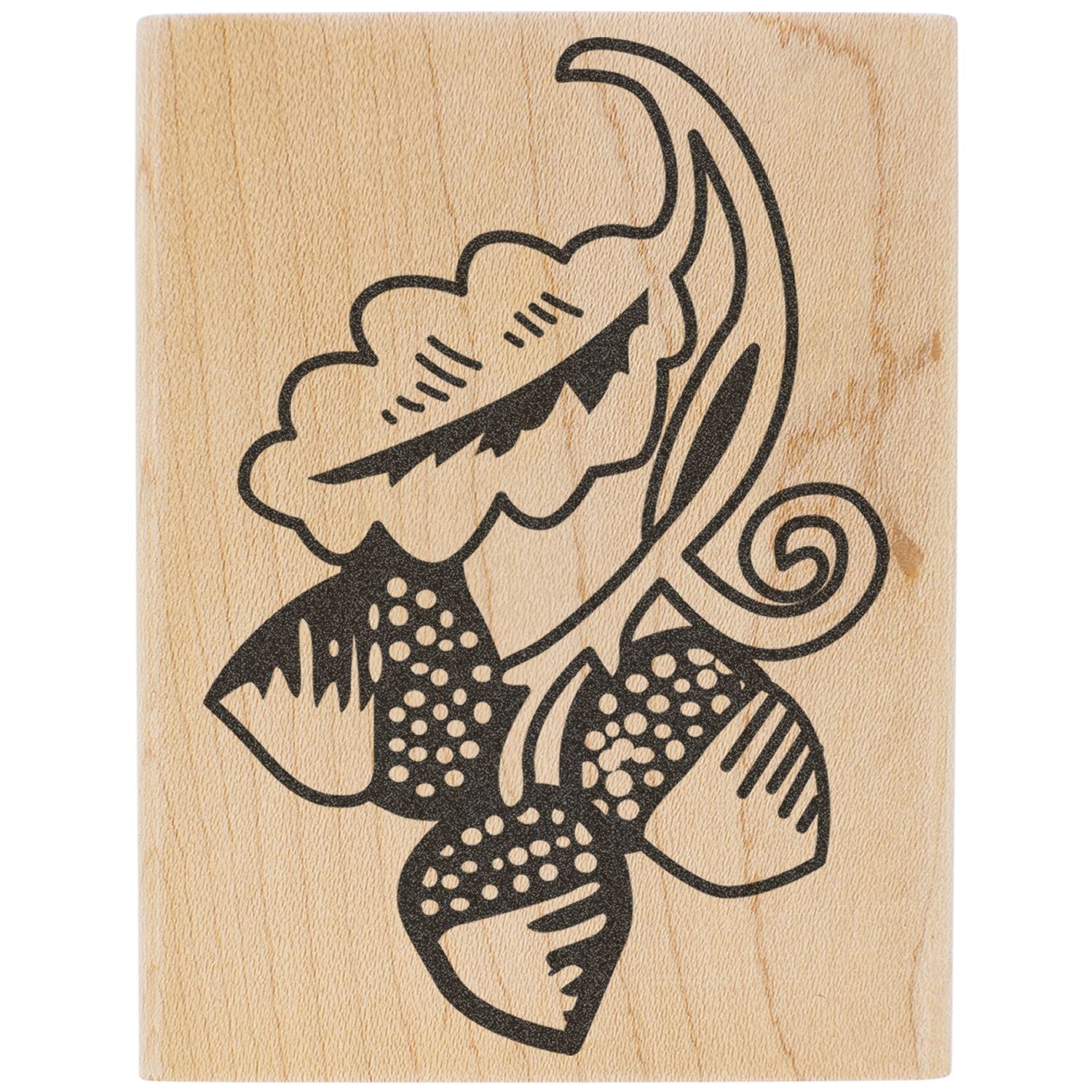 Abstract floral leaf design engraved on a wooden block, black decorative line art on natural wood texture.