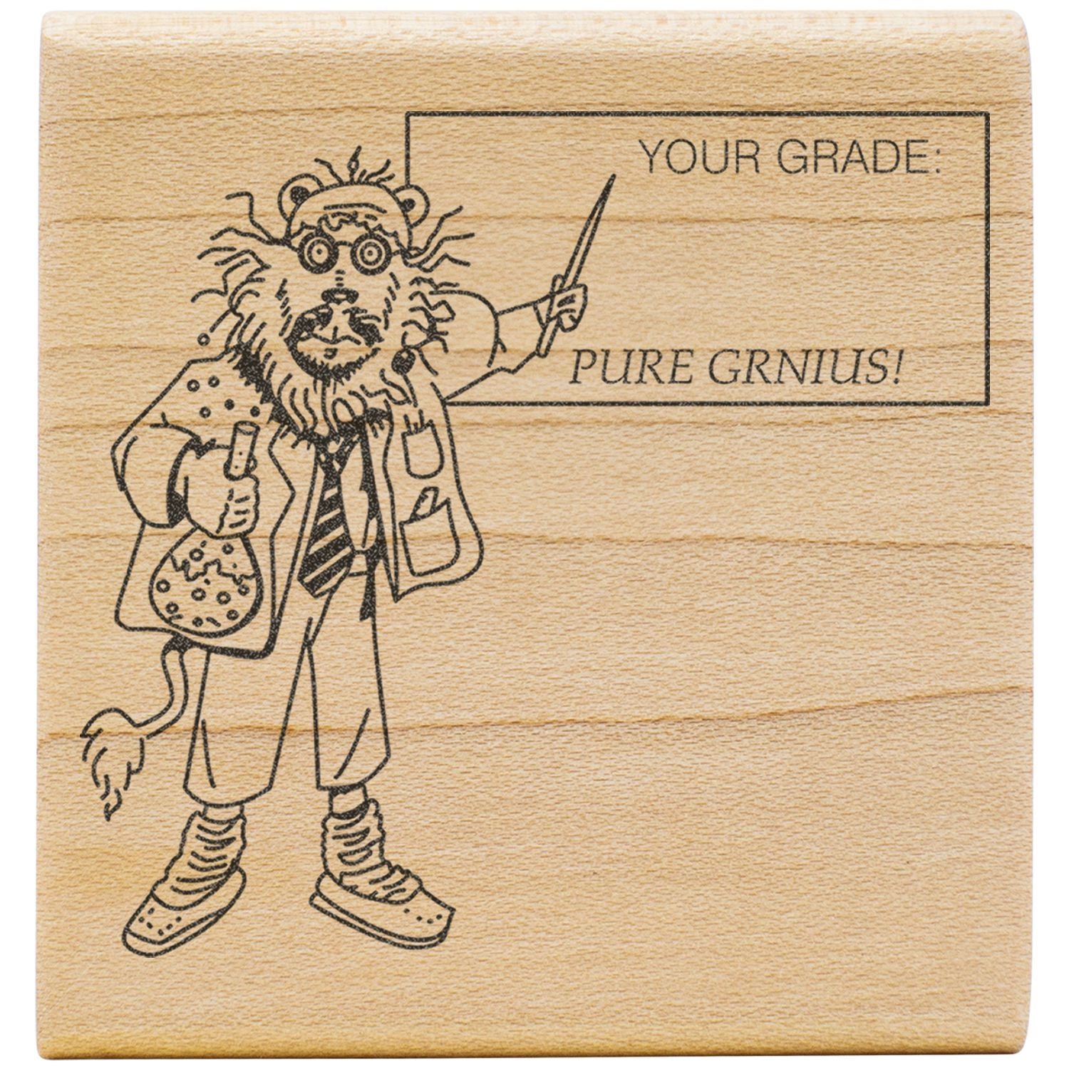 Wooden rubber stamp featuring a funny professor caricature with YOUR GRADE: PURE GENIUS! text for school or office use