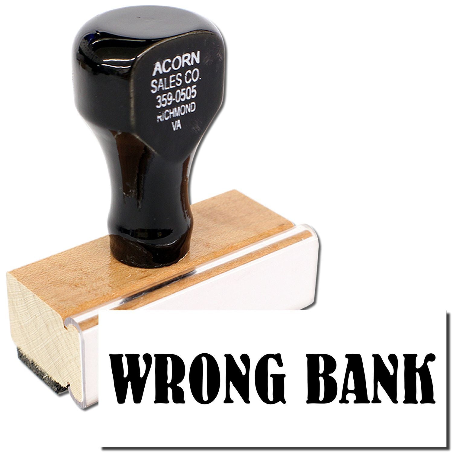 Black rubber stamp with Wrong Bank text on wooden handle, office banking error stamp tool.