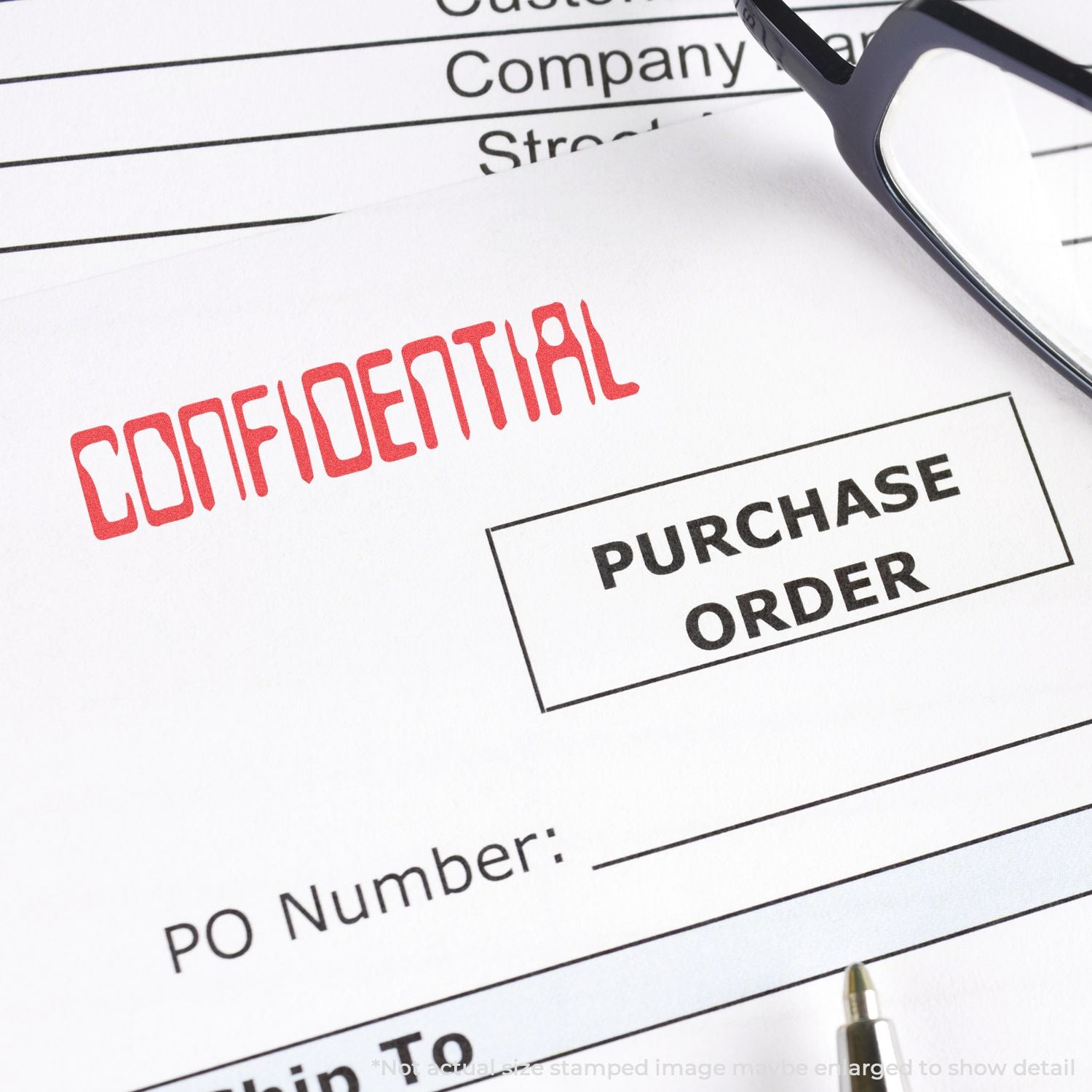 Confidential purchase order form with red CONFIDENTIAL stamp and glasses, representing secure procurement and business ordering