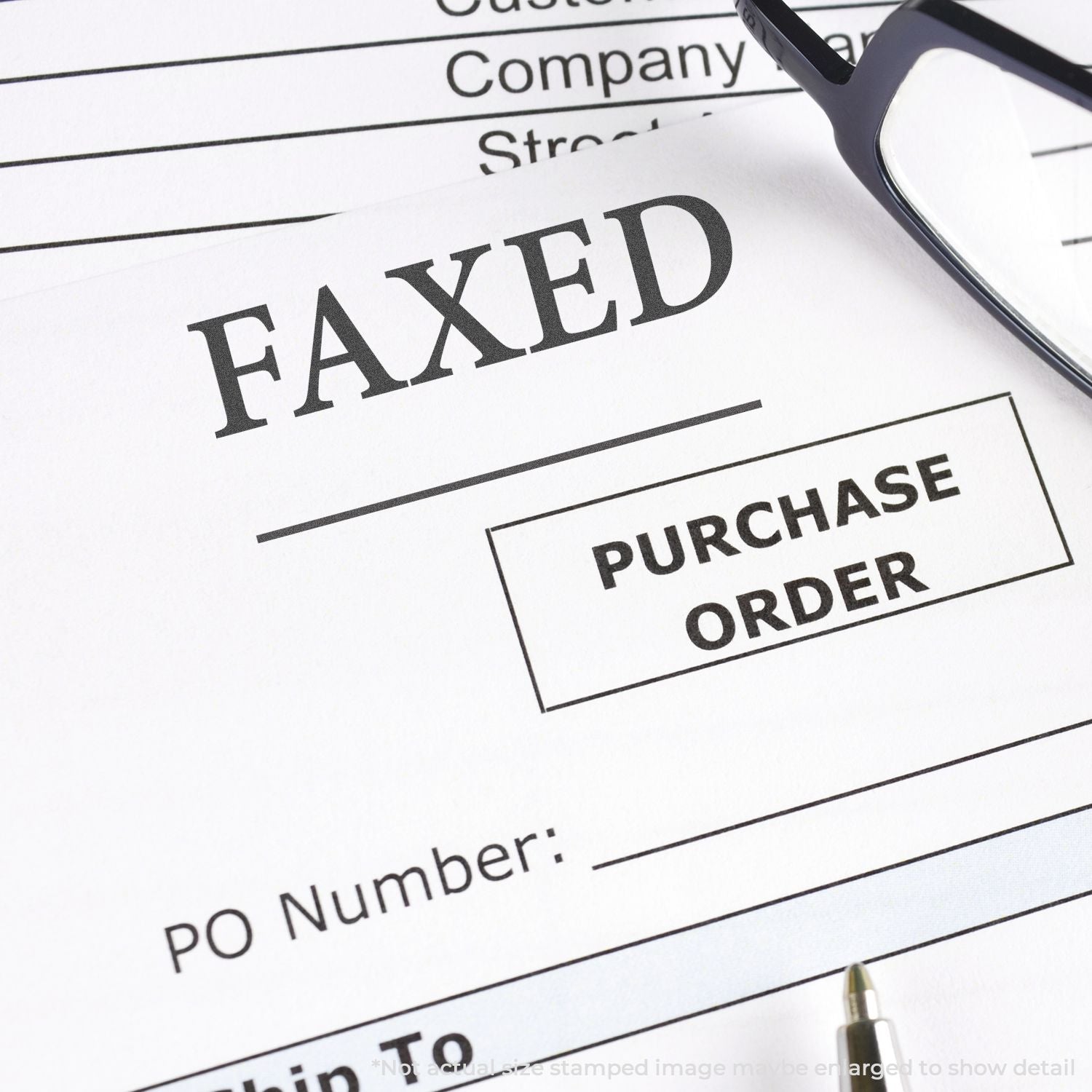 Faxed purchase order document with buyer details and glasses, highlighting procurement paperwork approval and sending for accounting.