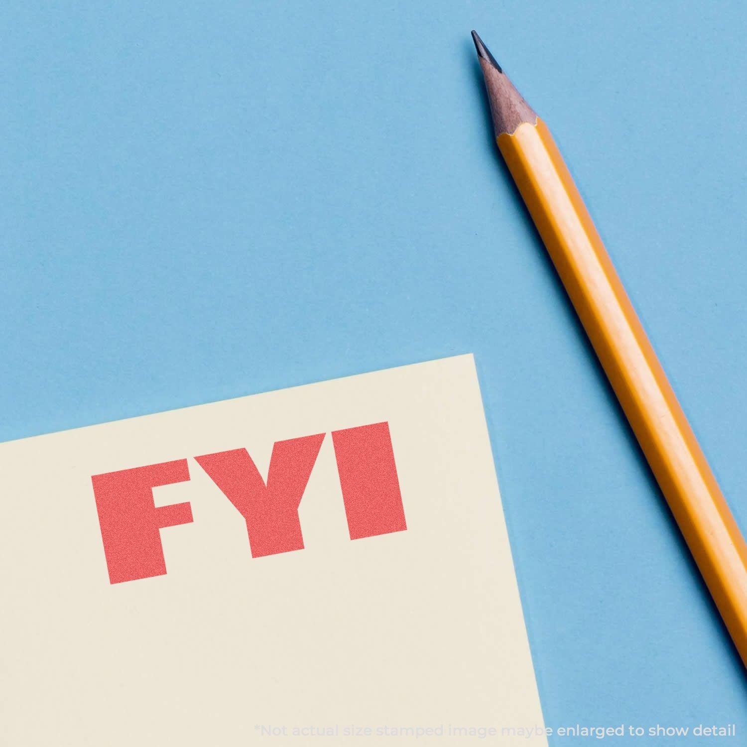 FYI note paper with pencil on blue background, illustrating an informational message and quick reference concept.