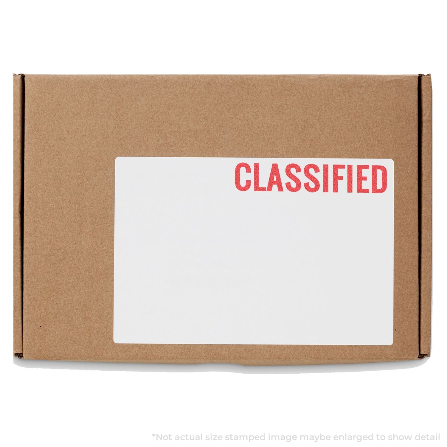 Kraft cardboard shipping box with CLASSIFIED security label, representing confidential documents or restricted packages.