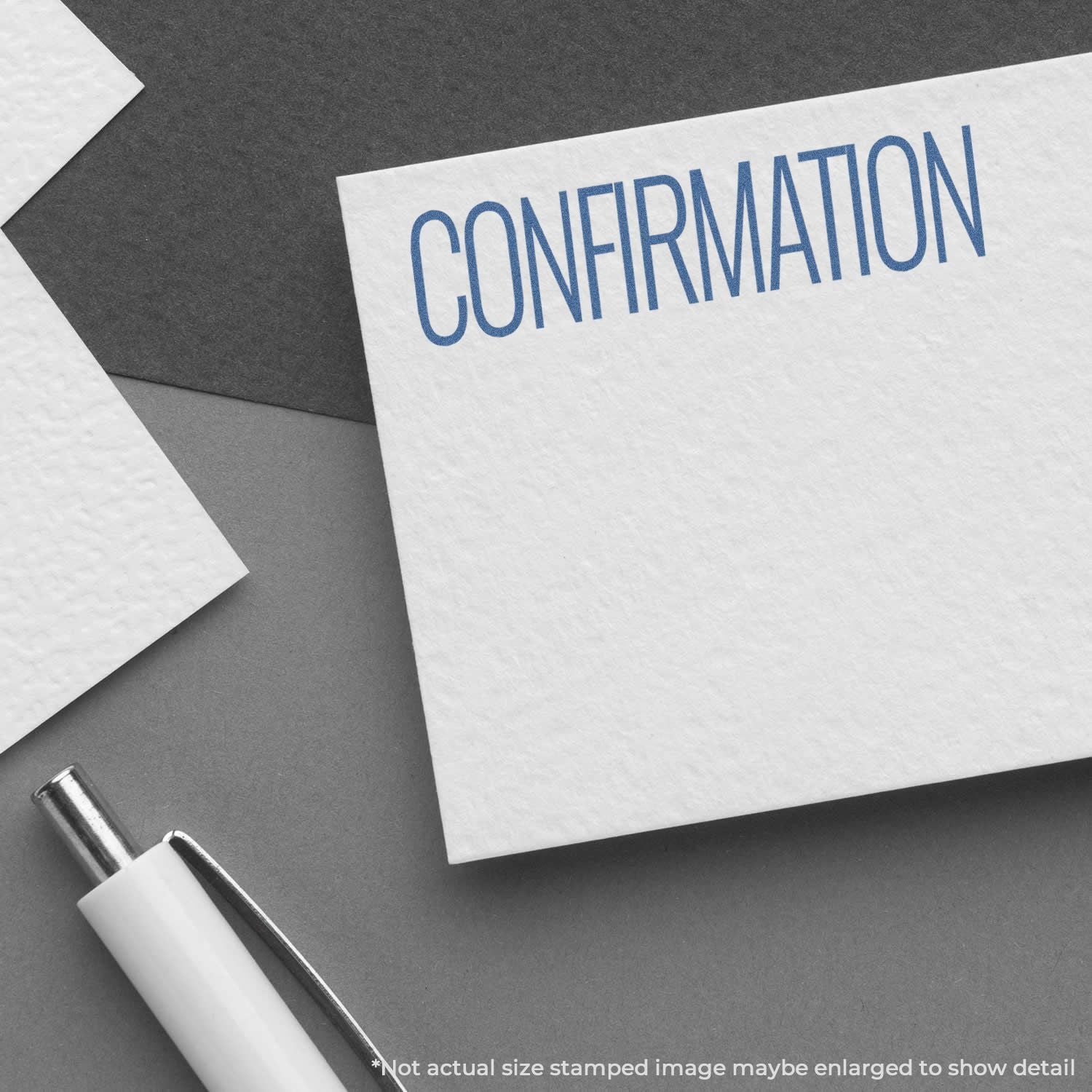 Confirmation document with blue CONFIRMATION headline on paper and pen, symbolizing successful order receipt or booking confirmation.