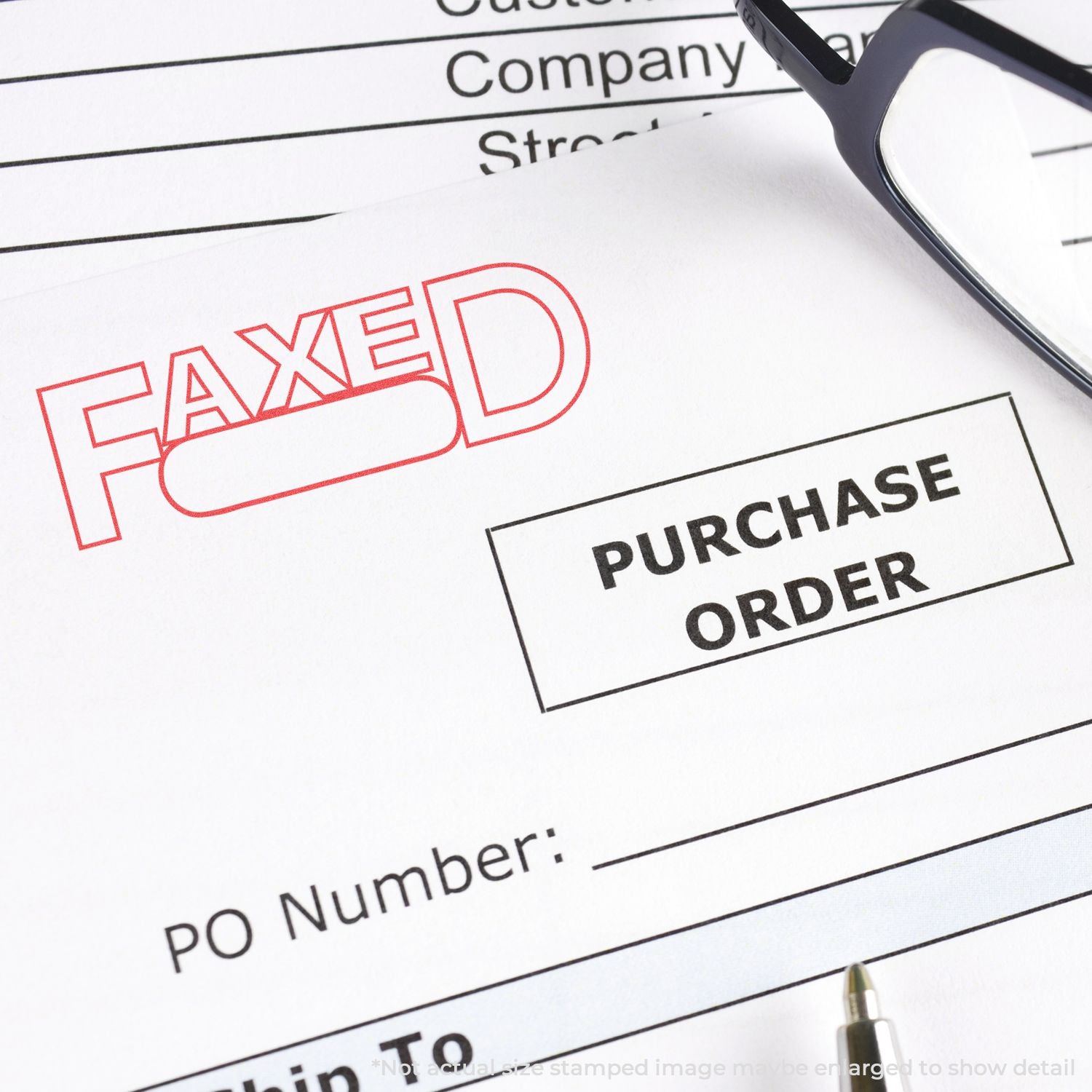 Faxed purchase order document with red FAXED stamp and magnifying glass, highlighting verified procurement paperwork for business processing