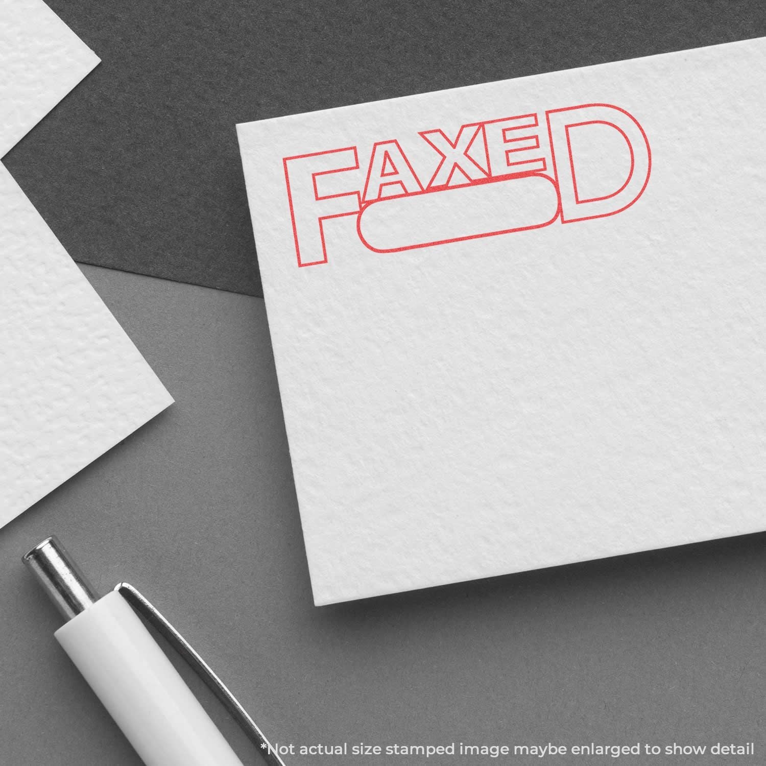 Stamped document labeled FAXED in red on white paper, business fax confirmation layout with stationery.
