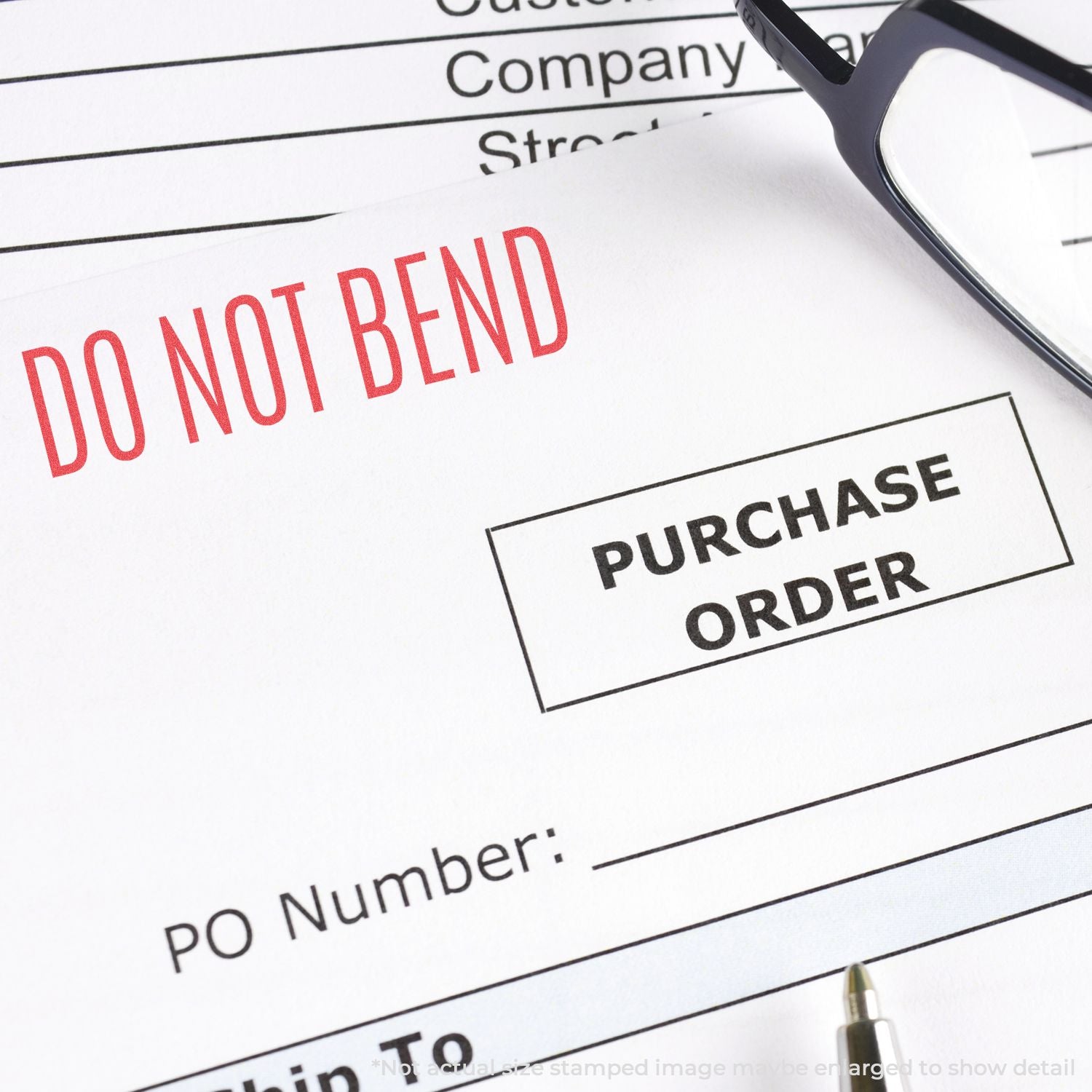 Purchase order document reading DO NOT BEND with magnifying glass, showing shipping handling instructions.