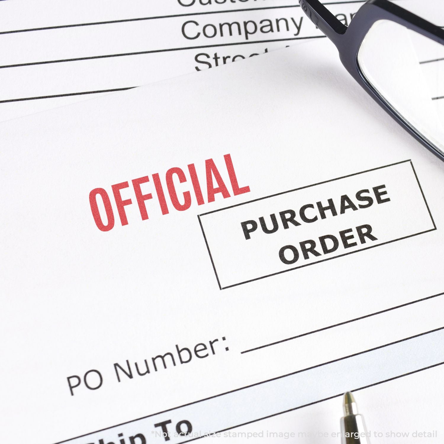 Official purchase order document stamp marked OFFICIAL with date fields and magnifying glasses, showing procurement compliance.