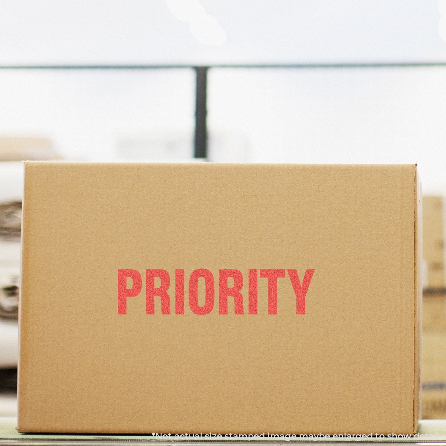 Priority shipping cardboard box labeled PRIORITY, indicating express delivery service for mailed packages in transit from warehouse.