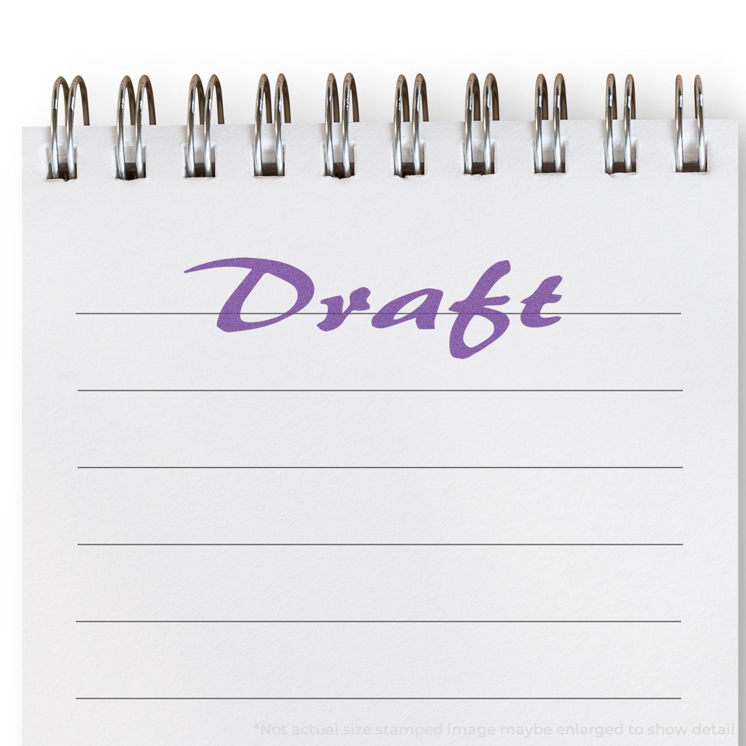 Metal binder-ring notepad with purple cursive logo, shown as a writing template for notes and planning.