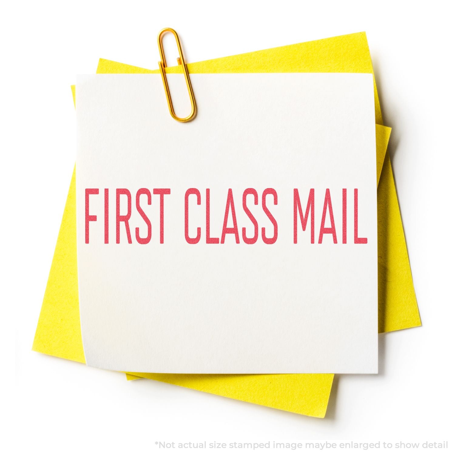 First Class Mail announcement on pinned note card with paperclip, highlighting expedited postal service for shipping and delivery.