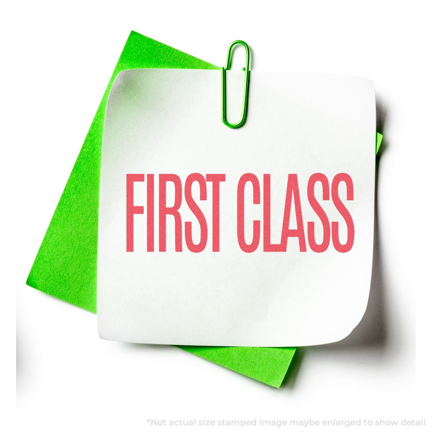 First Class postal package with green delivery tag and paperclip, highlighting premium mail shipping service.