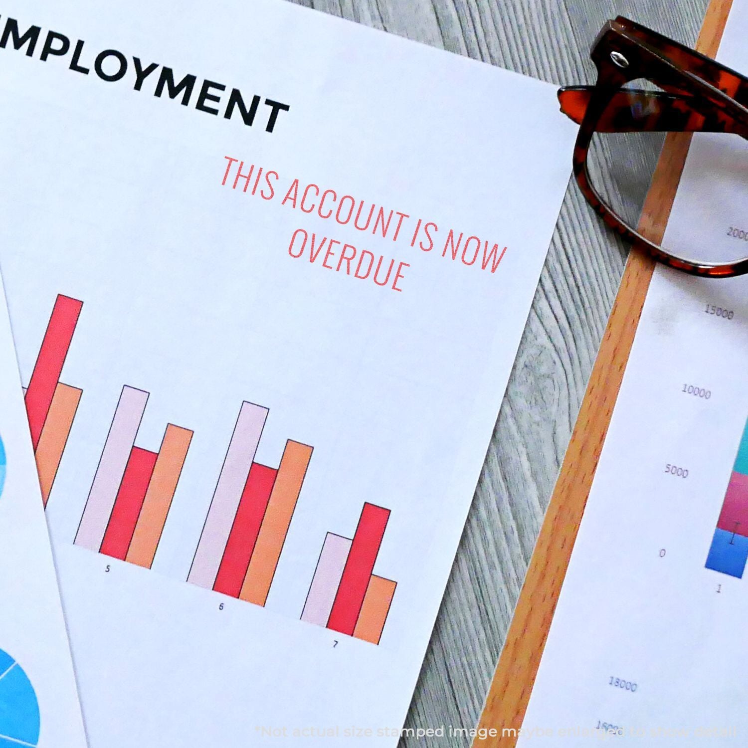 Employment overdue account notice with bar chart and magnifying glass, indicating delinquent status on financial report for collections.