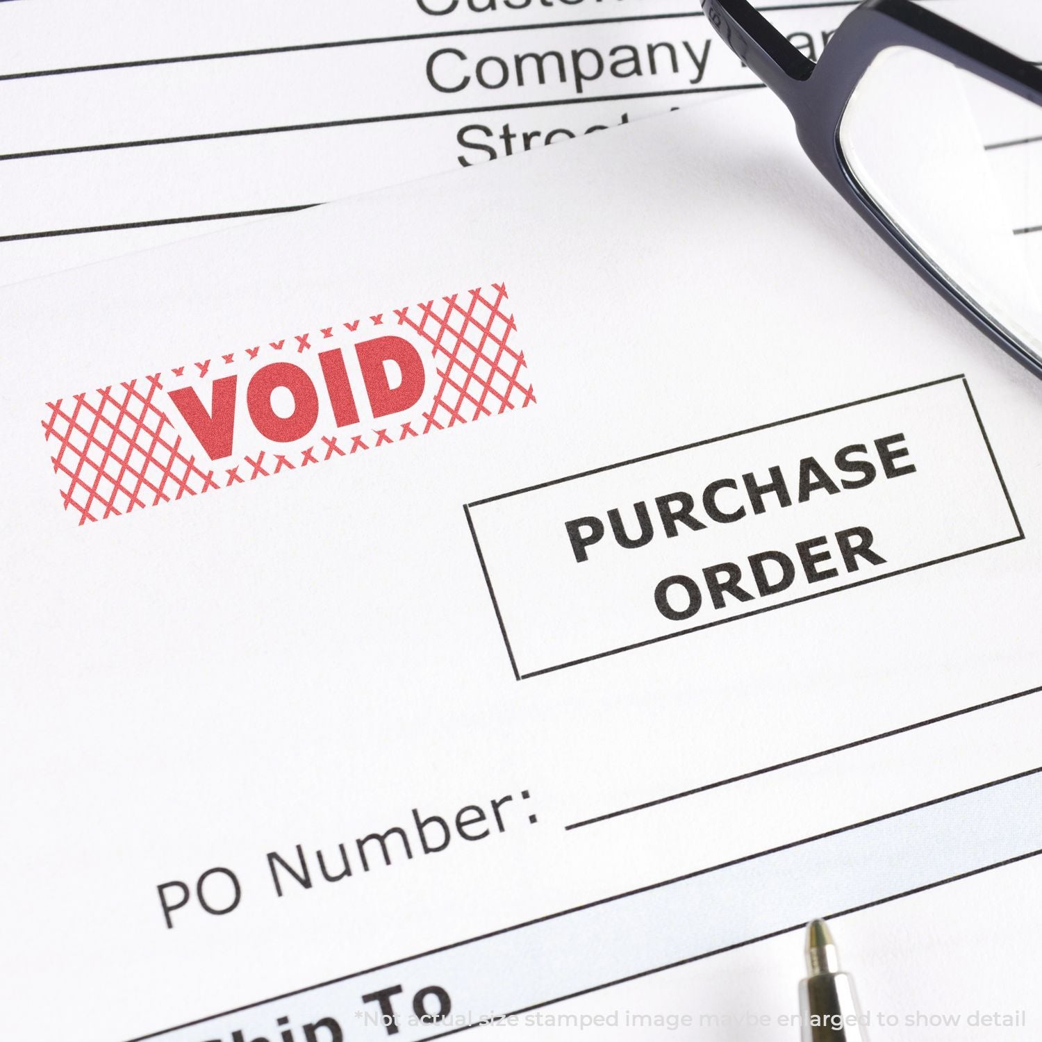 Voided purchase order form with red VOID stamp and eyeglasses, showing procurement approval and purchasing workflow.