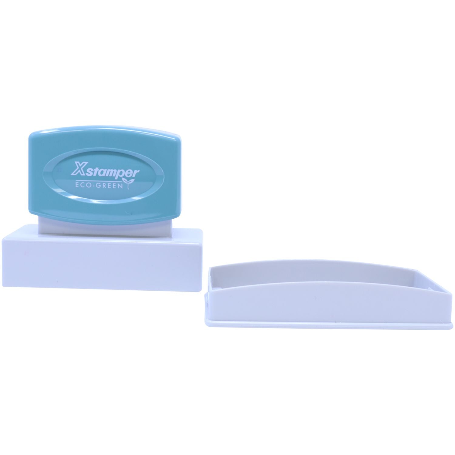 Xstamper Eco-Green self-inking stamp with blue stamp head on white base, ready for document marking and dates.