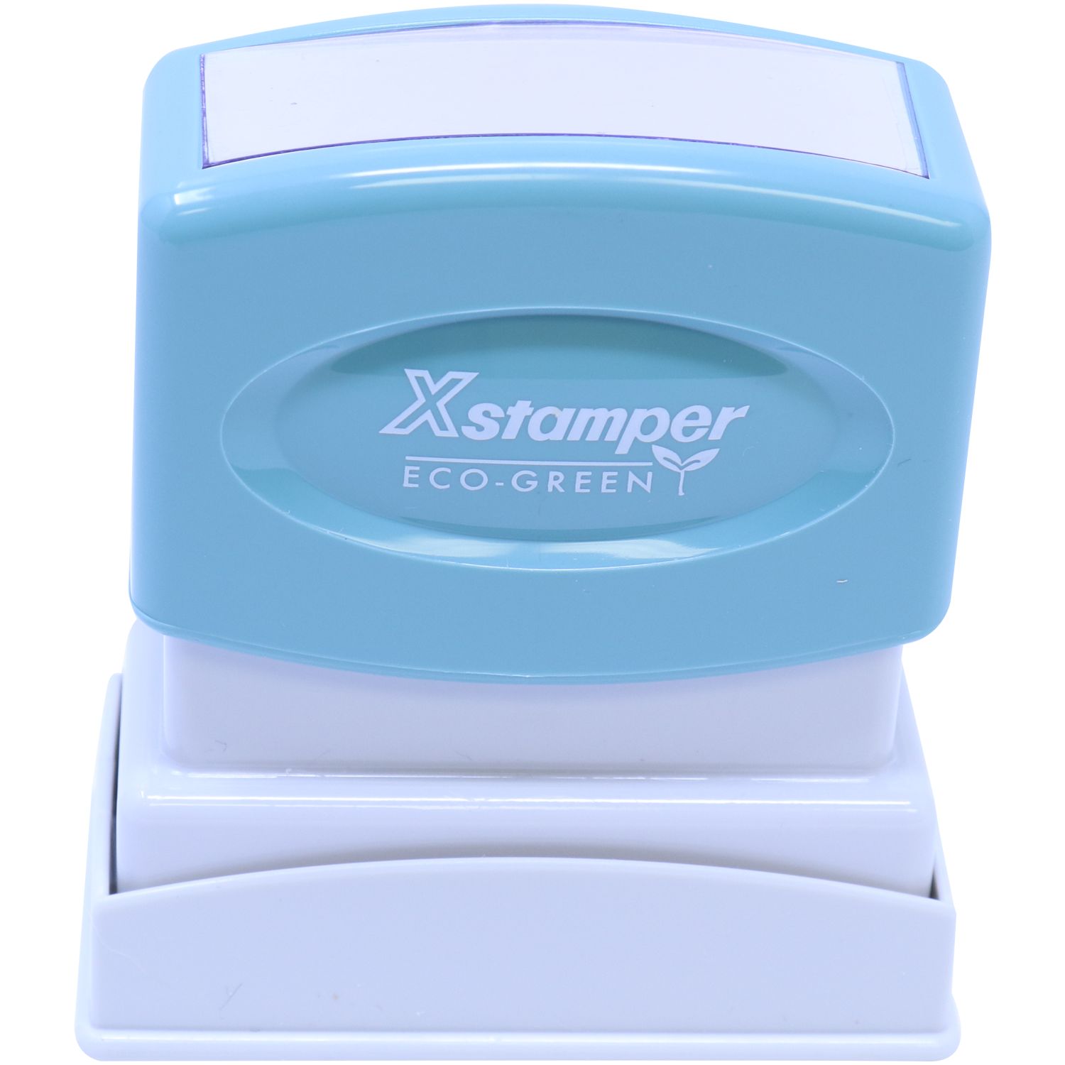 Close-up of Xstamper Eco-Greeny stamp ink pad dispenser, showing brand logo on blue imprint tool for eco-friendly self-inking address stamps.