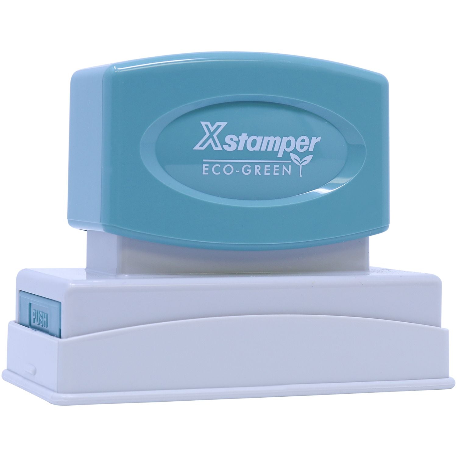 Xstamper Eco-Green stamp with push leverreusable ink stamp for eco-friendly marking and labeling.