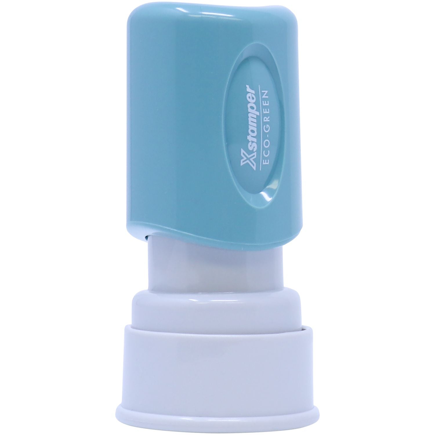 Close-up of Xclapper Eco-Green plastic dispenser cartridge connector on a white base, showing product branding and design.