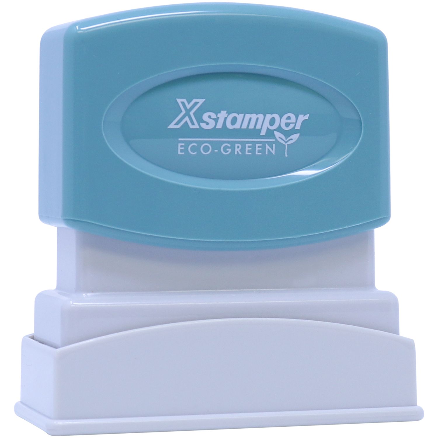 Xstamper Eco-Green stamp branding on blue stamp device, showing eco-friendly imprint stamp label for office document marking tool.