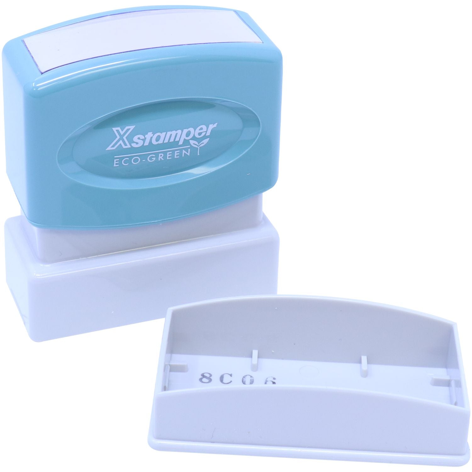 Xstamper Eco-Green self-inking stamp with brand logo, used for quick imprinting on paper and documents.