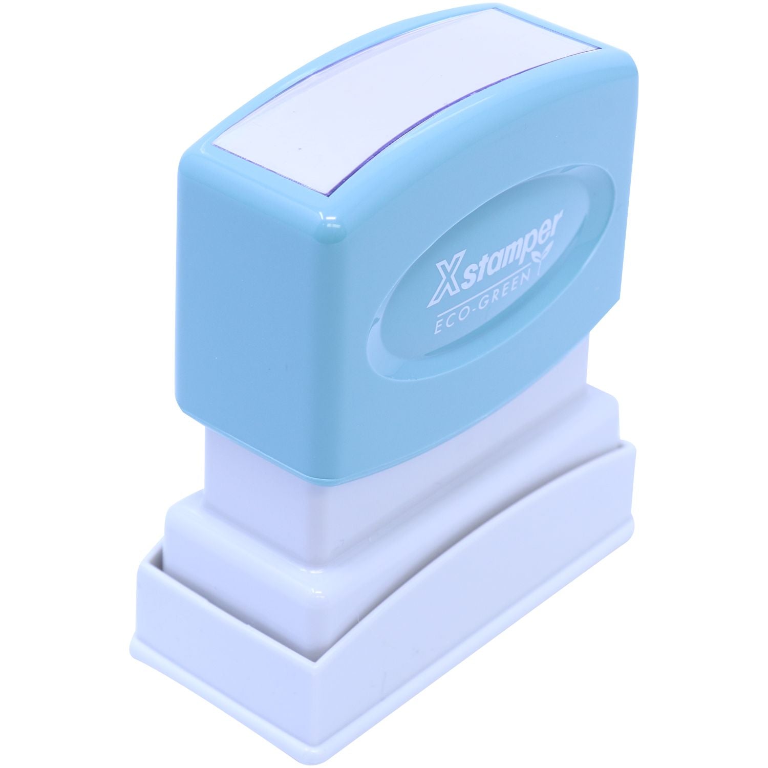 Xstamps Eco-Green blue stamp on base, an eco-friendly pre-inked labeling tool for offices and schools quick marking every day.