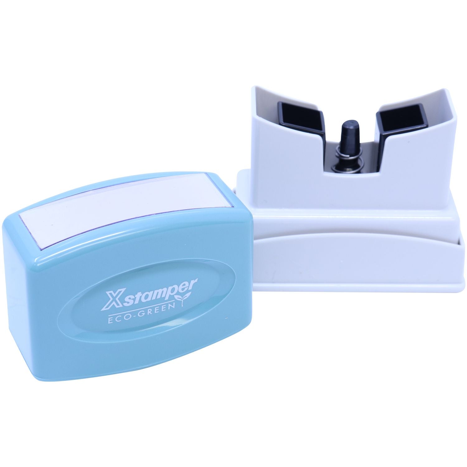 Xstamper Eco-Green self-inking stamp with ink pad and mount, designed for efficient, eco-friendly document labeling