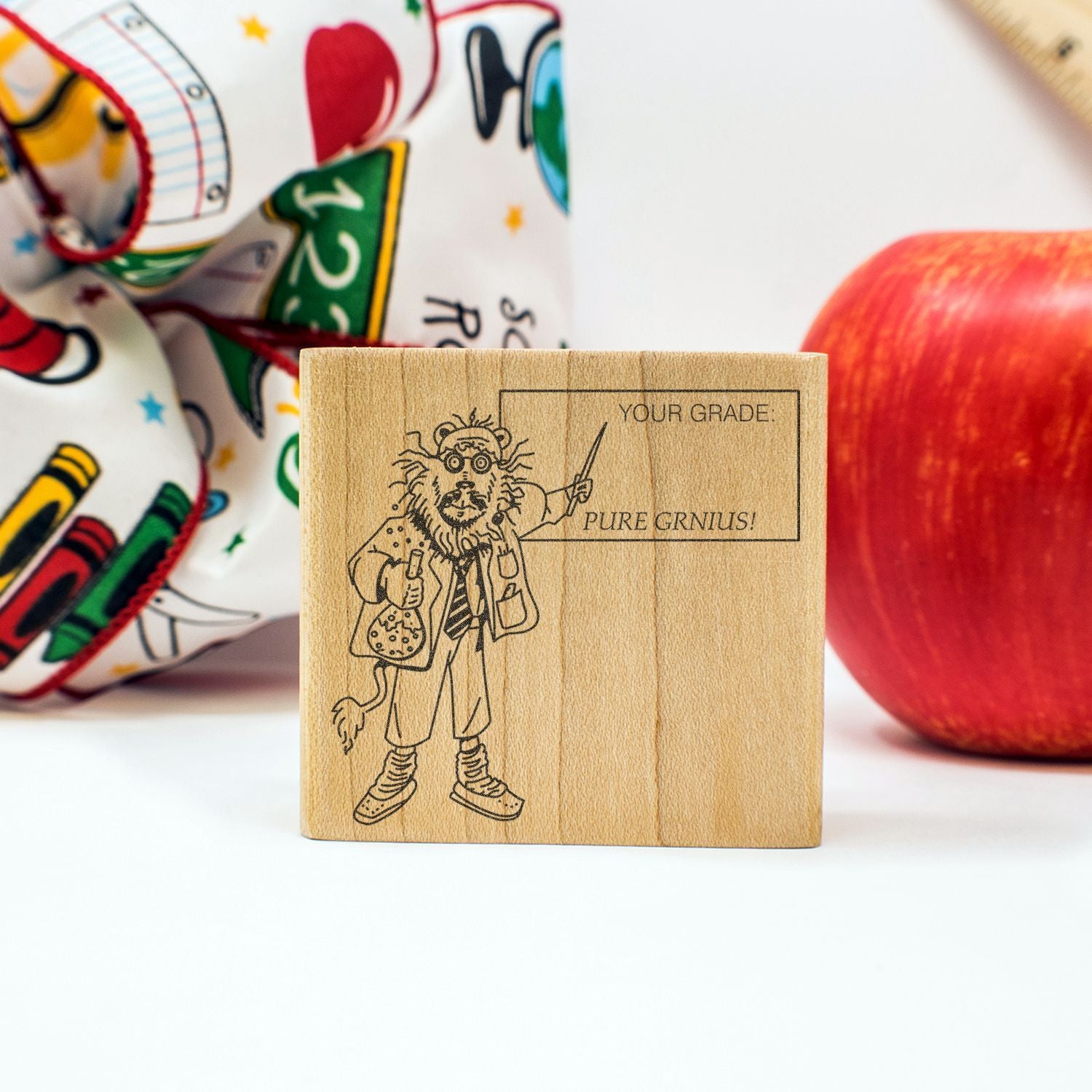 Wooden Pure Genius teacher stamp with school supplies and apple, educational classroom reward tool