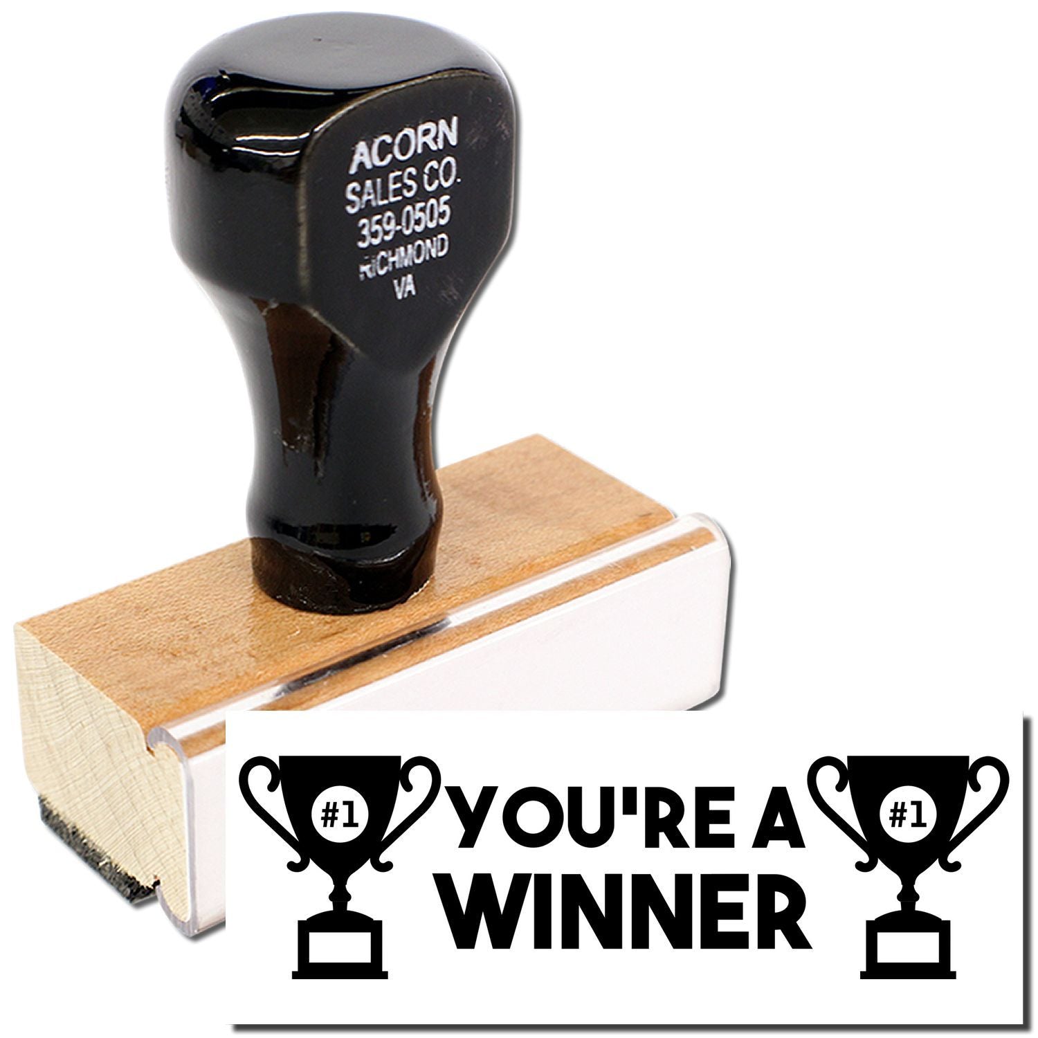 Custom Youre a Winner rubber stamp with trophy icons and Acorn Sales Co. branding on a black handle.
